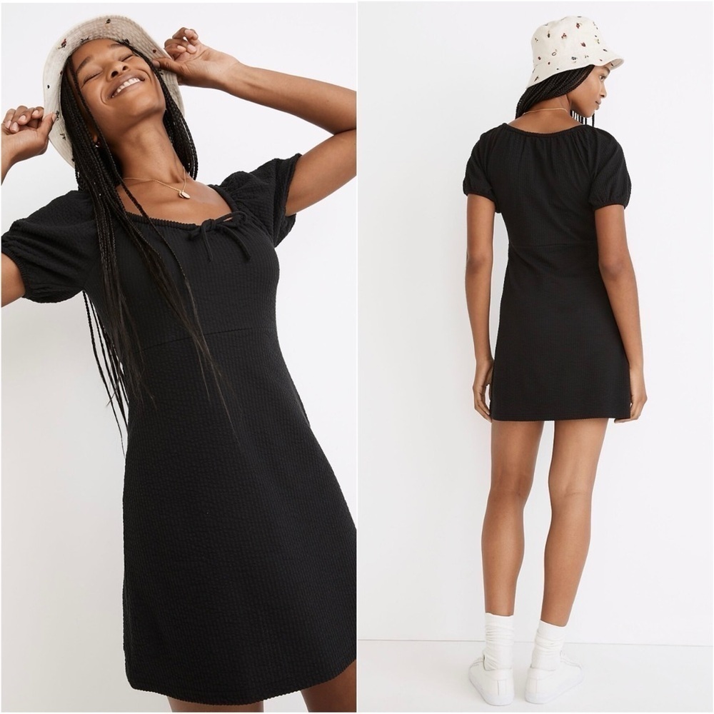 Madewell Dress Seersucker Knit Puff-Sleeve Mini Stretchy True Black XS